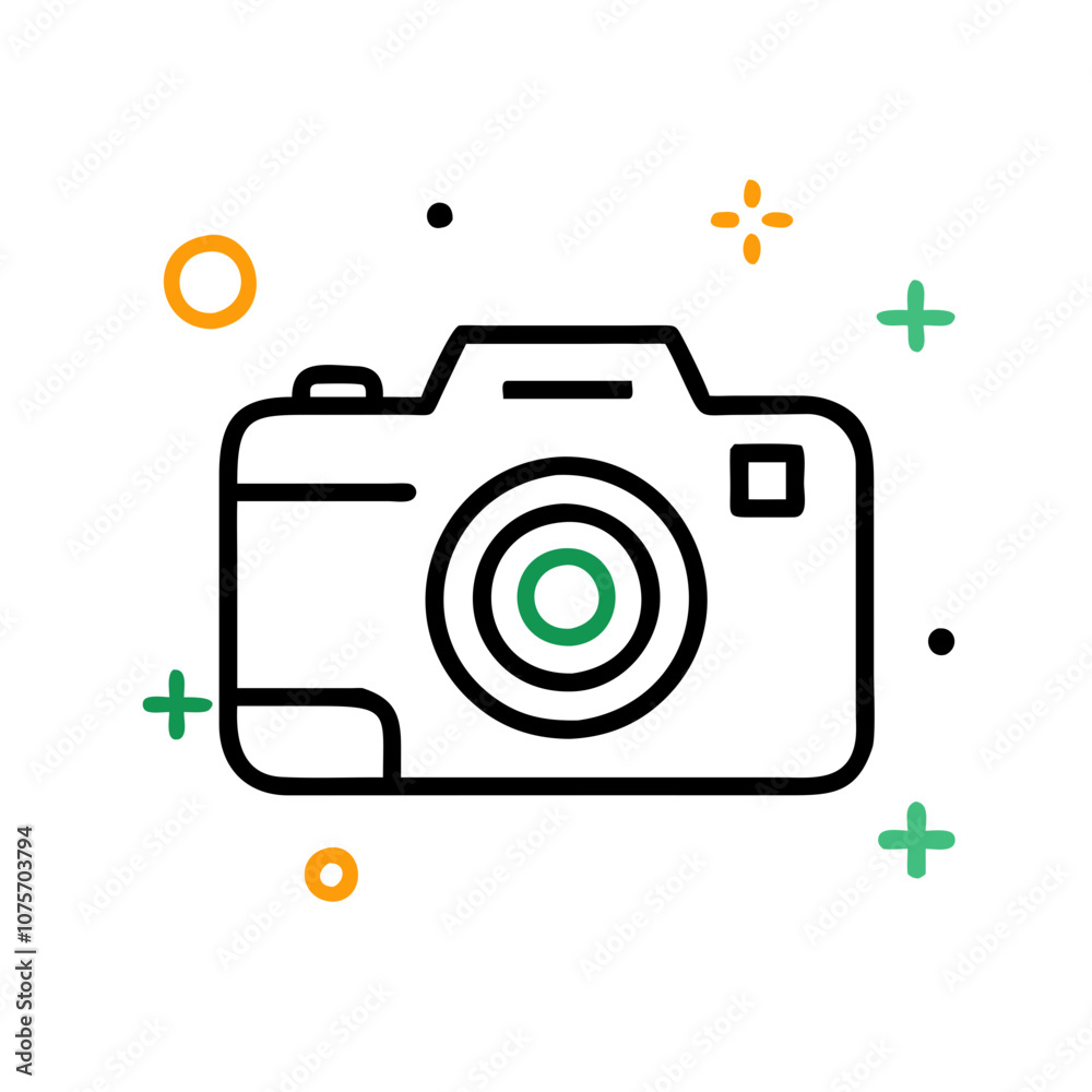 Obraz premium Digital camera icon with green lens on white background, photography and creativity concept, copy space