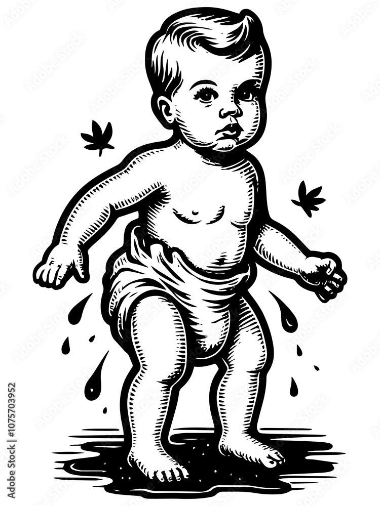 Fototapeta premium Black and white vintage illustration of a baby in a diaper standing in a puddle.Generative ai.