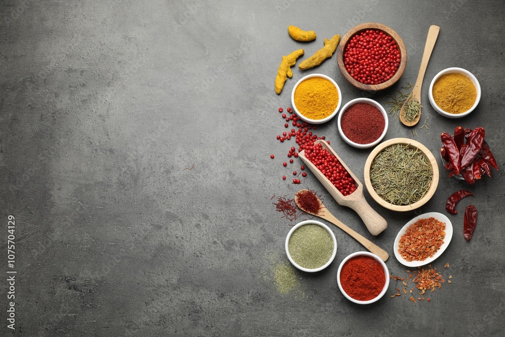 Different aromatic spices on grey table, flat lay. Space for text Different aromatic spices on grey table, flat lay. Space for text