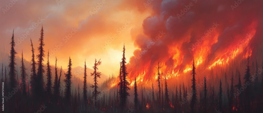A dramatic landscape depicting a forest fire at sunset, showcasing intense flames and smoke. A dramatic landscape depicting a forest fire at sunset, showcasing intense flames and smoke.