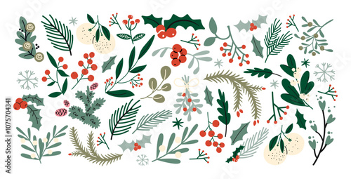 Stickers winter new year leaves, plants, rowan, fir tree, flowers. Set of vector stickers of leaves in cartoon retro style