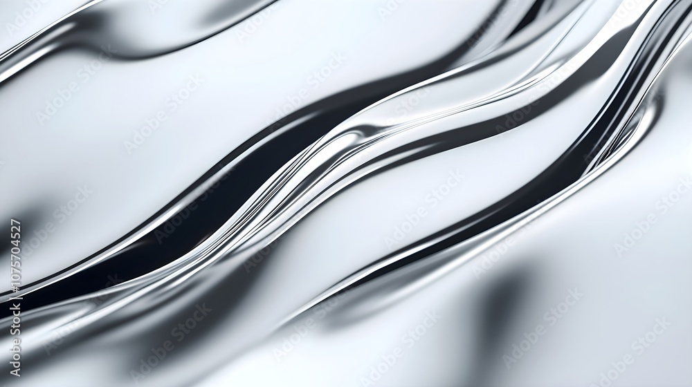 Flowing metallic silver lines with soft reflections on light background. Abstract digital art style with smooth, fluid texture. Modern and minimalist concept for backgrounds.
