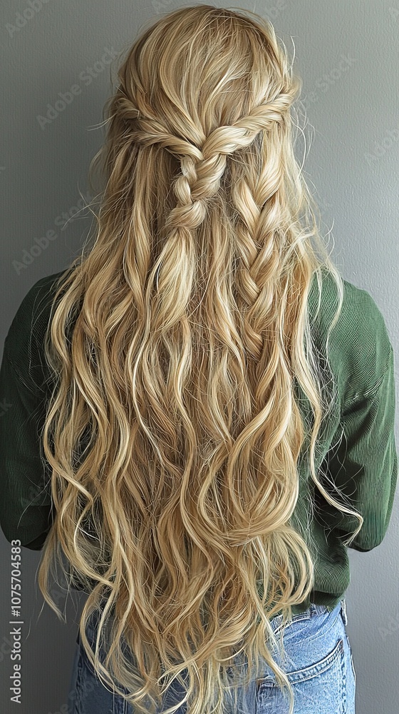 Naklejka premium Woman's head with long blonde hair braided halfway up and halfway down