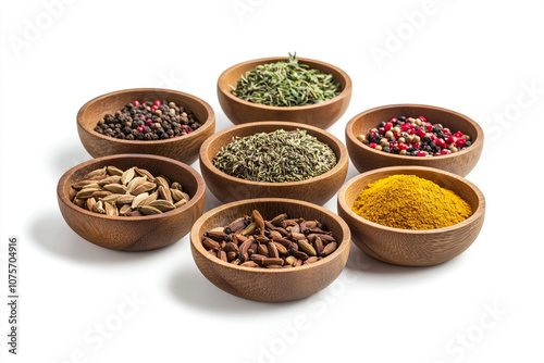 Seven small wooden bowls filled with various spices are arranged in a circle on a white surface