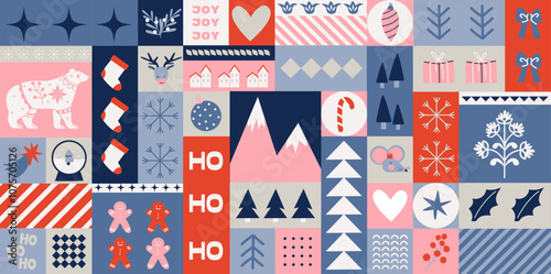 Christmas geometric new year posters in cartoon style. Holiday gifts, santa, christmas tree. Holiday pattern seasonal vector postcards in retro groovy style. picture for wall and for printing