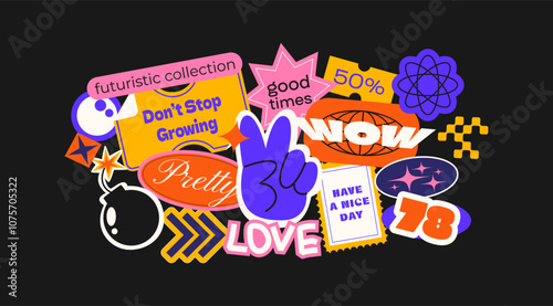 Futuristic y2k patches, labels, tags, stickers, bracelet stamps in retro style. Cartoon stickers in funky hipster groovy grunge 90s style. Vector set, trendy promo labels