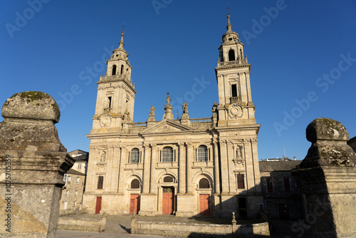 Cathedral of the fortified city of Lugo at sunset in a sunny day, Galicia, Spain. photo