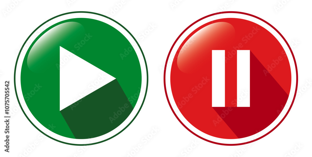 Play and pause 3D buttons isolated on transparent or white background. Green and red buttons with play and pause symbols for video, music, audio concepts, vector illustration. Play and pause 3D buttons isolated on transparent or white background. Green and red buttons with play and pause symbols for video, music, audio concepts, vector illustration.