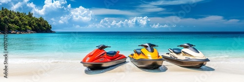 Experience the thrill of jet skiing on a beautiful beach, gliding over crystalclear waters surrounded by lush palms, creating a perfect mix of relaxation and fun for an unforgettable adventure