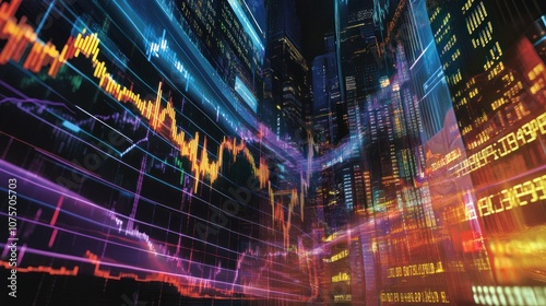 Wallpaper Mural Abstract representation of financial data with vibrant graphs and cityscape elements. Torontodigital.ca