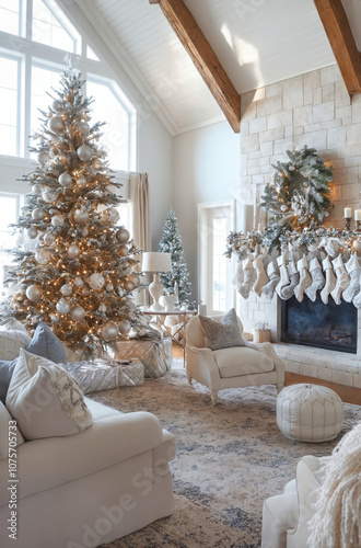 Cozy living room with a white Christmas tree decorated with gold and white balls and a fireplace decorated with Christmas stockings photo