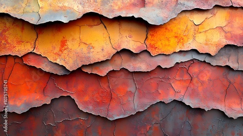 Rusty iron plate with organic corrosion patterns, layers of oxidized metal in varying shades of red and brown, detailed texture with jagged edges