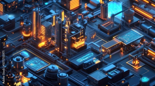 A futuristic cityscape with glowing buildings and intricate technology elements.