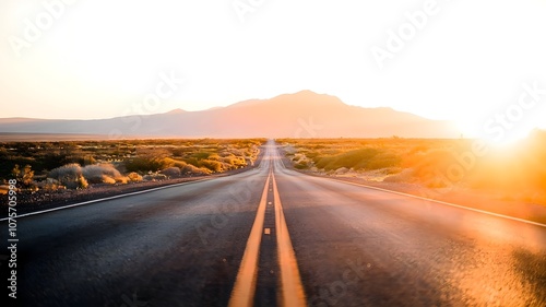 The tranquil and serene path leading to the distant horizon, enveloped by a breathtaking sunset as the radiant sun disappears behind distant peaks, casting a warm golden glow over the landscape.