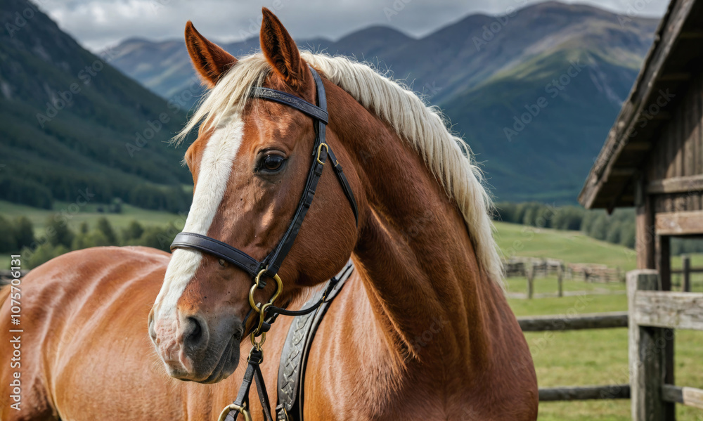 Naklejka premium A chestnut horse with a white blaze stands in a field, mountains in the background