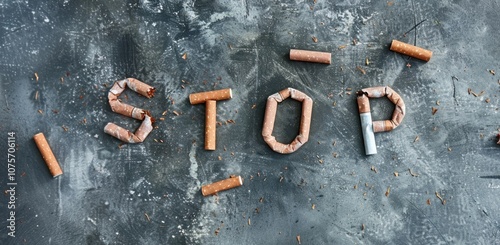 A collection of broken cigarettes creatively forms the word STOP on a gray background, emphasizing a campaign against smoking. Weedless Wednesday photo