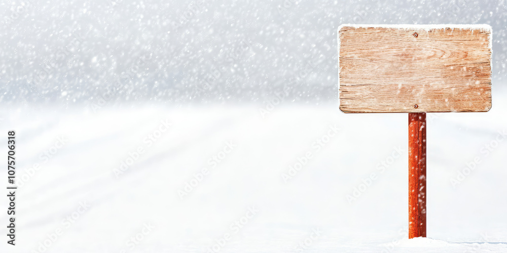 Naklejka premium Blank wooden road sign against the backdrop of a snowy winter and falling snow, copy space