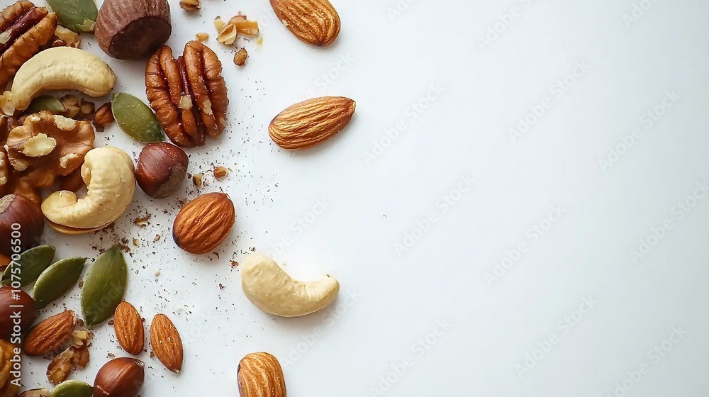 White surface with space for Nuts below a pile of nutshells White surface with space for Nuts below a pile of nutshells
