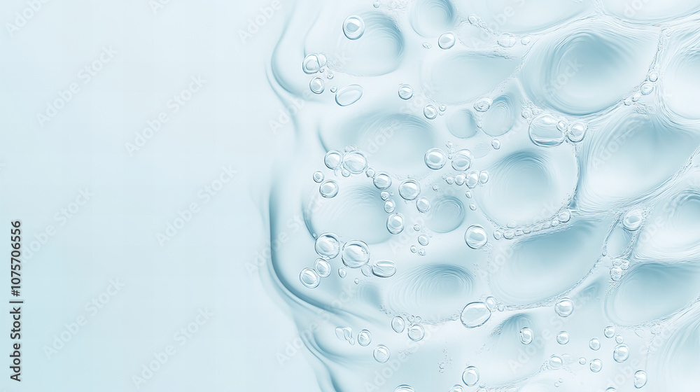 Water bubbles create a captivating pattern on a light blue background ...