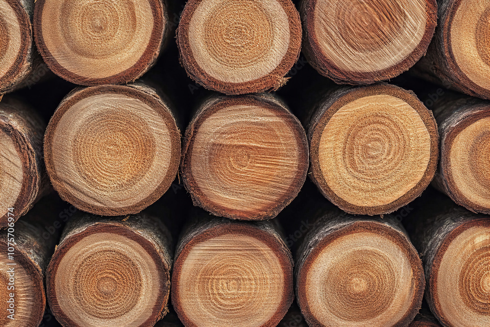 Close-Up of Rustic Wooden Logs Stacked Together, Showcasing Natural Texture, Circular Growth Rings, and Organic Warmth for Environmental Decor, Carpentry Themes, and Background Use