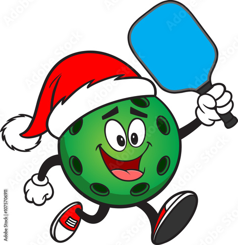 Pickleball Green Ball with Santa Hat Running