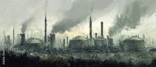 Industrial landscape with smokestacks and storage tanks, depicting pollution and industry.