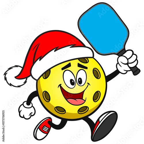 Pickleball Yellow Ball with Santa Hat Running