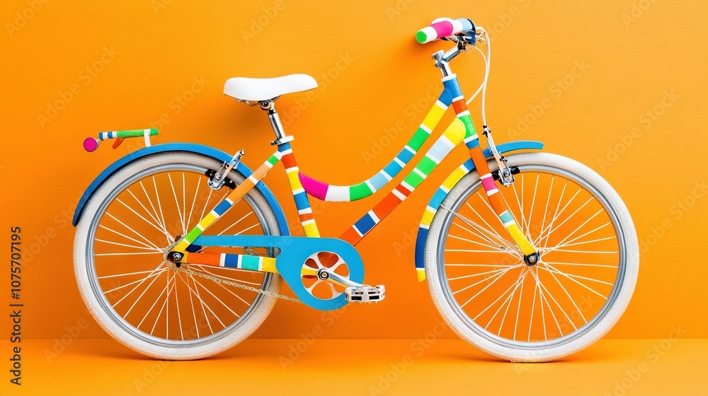 Fototapeta premium A multicolored bicycle leans against a yellow wall with a colorful ribbon adorning its front