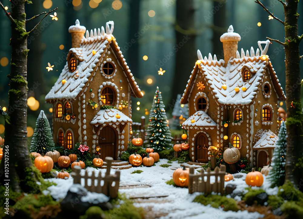 Fototapeta premium Enchanting Gingerbread Candy Village in Fantasy Forest with Fireflies and Colorful Flowers