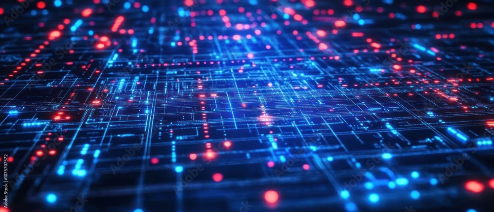 Abstract digital network with glowing blue and red lines representing data flow. Abstract digital network with glowing blue and red lines representing data flow.