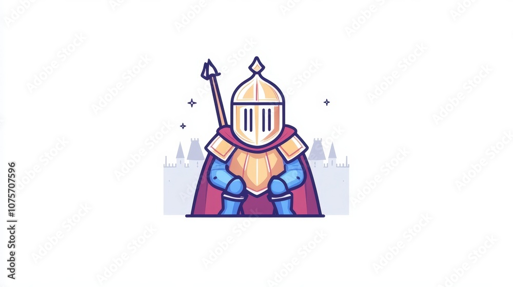 Obraz premium Cartoon Knight Character in Armor with Shield and Spear, Set Against a Castle Background in a Playful, Colorful Style Perfect for Fantasy Themes