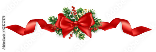 Realistic pine tree branches with red bow and ribbons. Christmas tree decoration for holiday banners, party posters, cards, headers, social media. Transparent background in vector file.