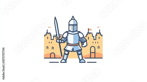 Bold and Brave Medieval Knight Standing Proudly in Front of a Castle Battlements with Sword Ready for Battle in a Flat Design Vector Illustration