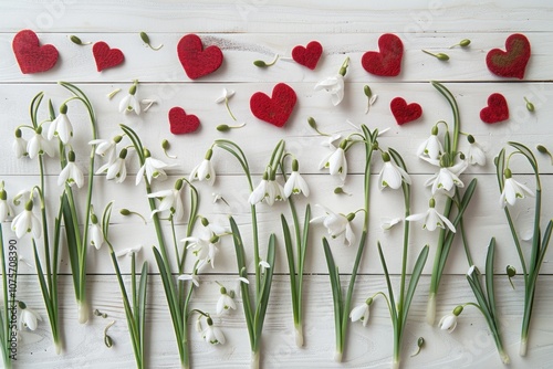 Festive display of snowdrops and red hearts symbolizes love in Romanian tradition, arranged beautifully on a white wooden table photo