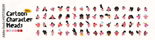 Cartoon people faces with emotions, doodle characters in retro groovy funky style. Big set.  Avatars stickers set of hand drawn round vector faces	

