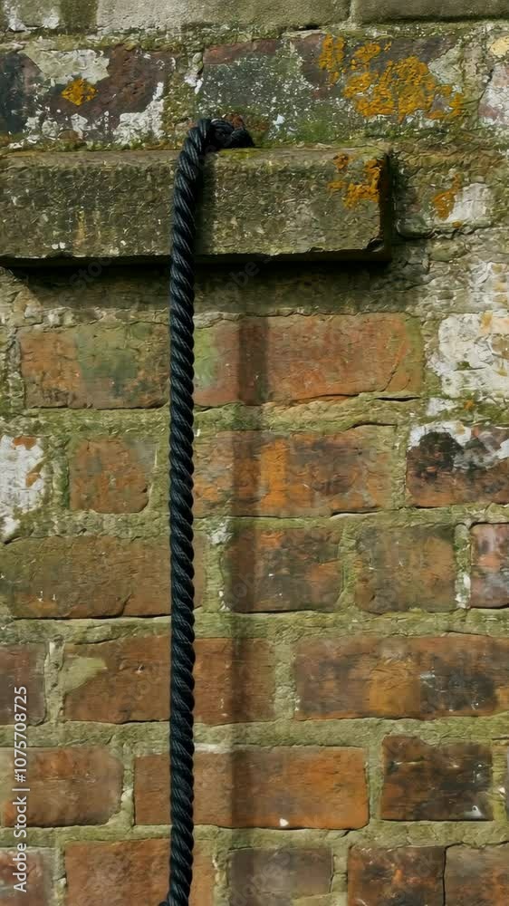 A thick black rope hangs from a brick wall, casting a long shadow A thick black rope hangs from a brick wall, casting a long shadow