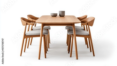 Elegant wooden dining table paired with stylish fabric chairs, isolated on white background, contemporary kitchen furniture ad