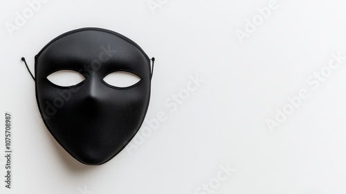 Black face mask resting on a seamless white background, showcasing texture and design, health product, minimalist advertising photo