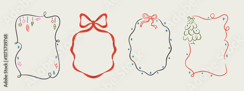 Set of Merry Christmas whimsical hand-drawn blue orange green color frames with wavy squiggle curly ribbons in trendy, vintage styles. Perfect for quirky holiday, Christmas invitation,greeting card