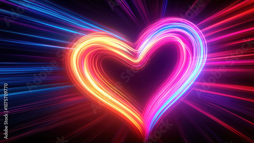 Colorful light rays forming neon heart shape