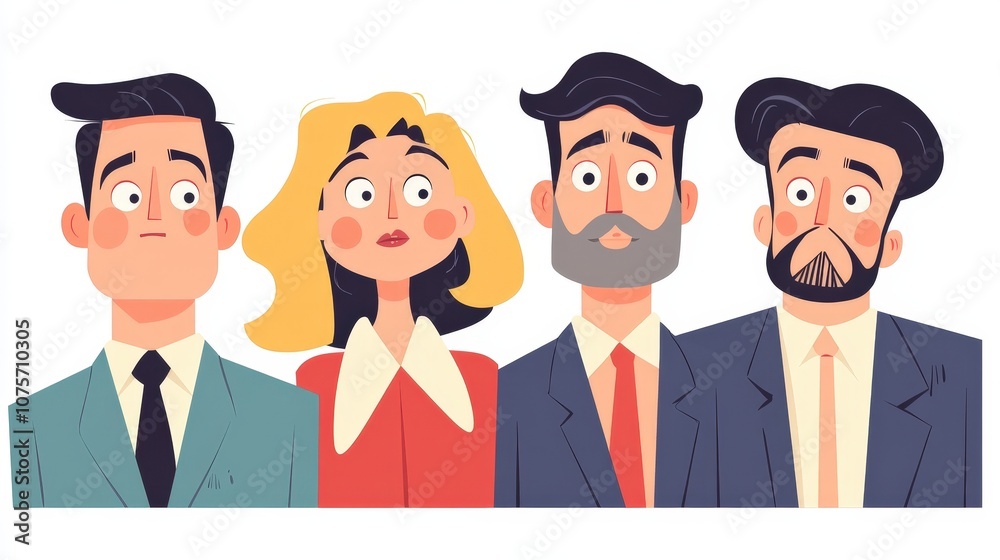 Group of Diverse Cartoon Characters in Business Attire Standing Together with Varied Expressions in a Minimalist Style Illustration for Creative Projects Group of Diverse Cartoon Characters in Business Attire Standing Together with Varied Expressions in a Minimalist Style Illustration for Creative Projects