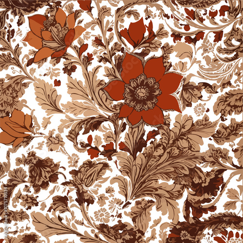 Kalamkari Floral Design with Rustic Browns, Reds, and Blues, Ideal for Product Covers, Banners, and Marketing