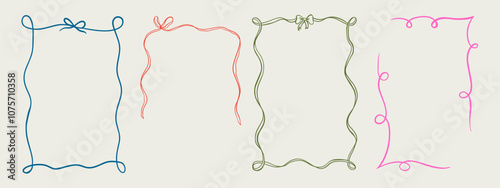 Set of elegant whimsical hand-drawn pink blue orange green color frames with wavy squiggle curly ribbons in trendy, vintage styles. Perfect for quirky holiday, wedding, birthday gift decorations