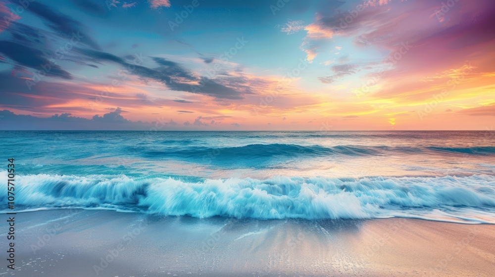 A serene beach scene at sunset with vibrant colors reflecting on the water. A serene beach scene at sunset with vibrant colors reflecting on the water.
