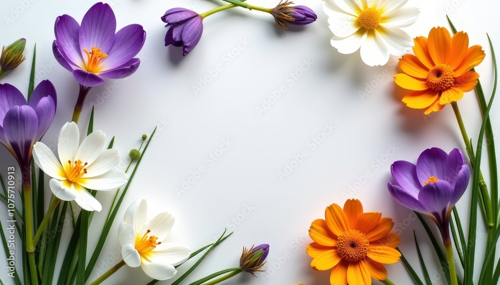 Copy space in the middle, surrounded with flowers oxtongue, autumn crocus, mountain daisy, and marsh marigold. Copy space in the middle, surrounded with flowers oxtongue, autumn crocus, mountain daisy, and marsh marigold.