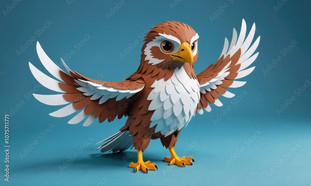 Fototapeta premium A paper-cut hawk with wings spread wide stands on a blue background