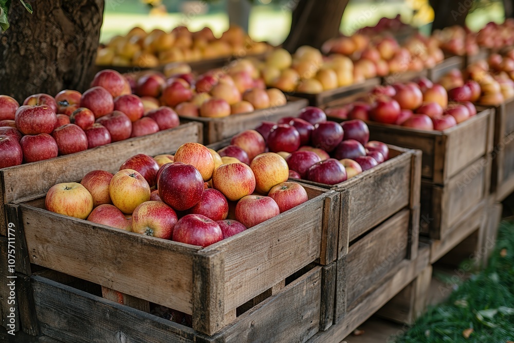 Many large wooden fruit crates filled with many apples Many large wooden fruit crates filled with many apples