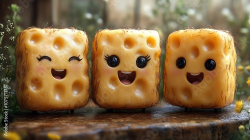 Cheerful Animated Cheese Characters in a Whimsical Setting