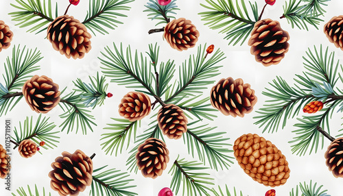 Watercolor seamless pattern, consisting of pine, juniper, alder and eucalyptus branches and pine cones. Watercolor hand painted botanical pattern for design, print or background isolated with white 