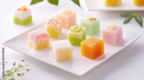   A close-up of a plate filled with various desserts is displayed on a table with an arrangement of flowers as the backdrop photo